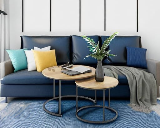 Smuxee Nesting Coffee Table Set of 2, 27.6" Round Coffee Table Wood Grain Top with Adjustable Non-Slip Feet, Industrial End Table Side Tables for Living Room Bedroom Balcony Yard