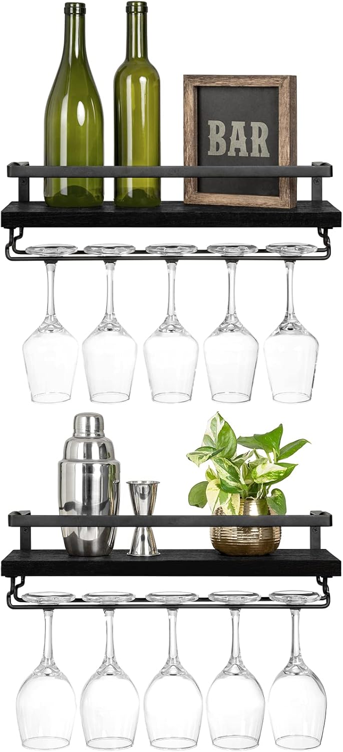 Mkono Wall Mounted Wine Rack Set of 2 Wood Shelf Rustic Wine Bottle Glass Floating Shelves with Stemware Hanger Modern Plants Photos Wine Display Storage Holder for Kitchen Dining Room Bar, Black