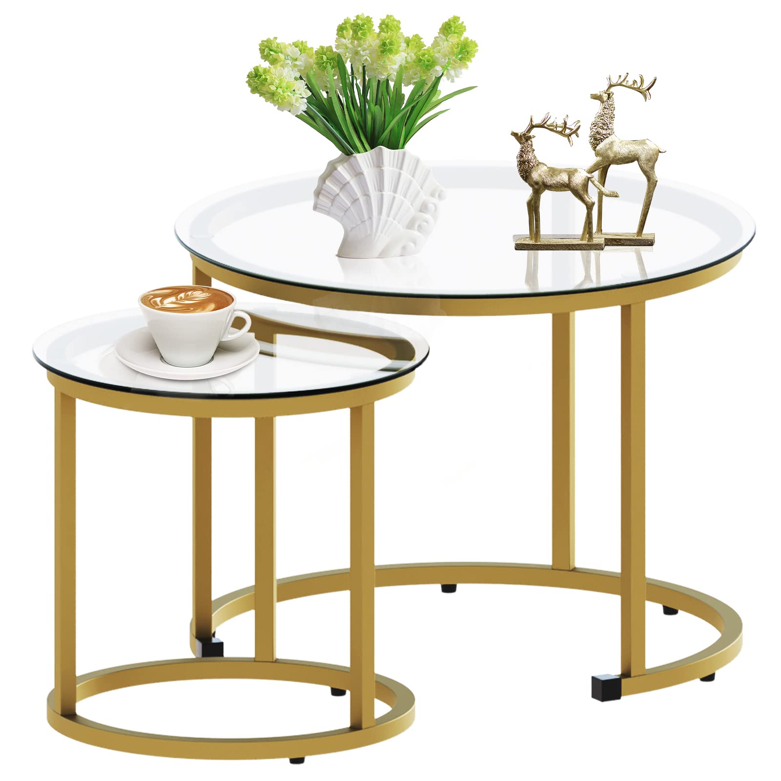 2 Pack Nesting Round Coffee Tables, Rustic Brown Side End Tables with Solid Metal Frame for Living Room Bedroom Apartment Industrial Nightstand