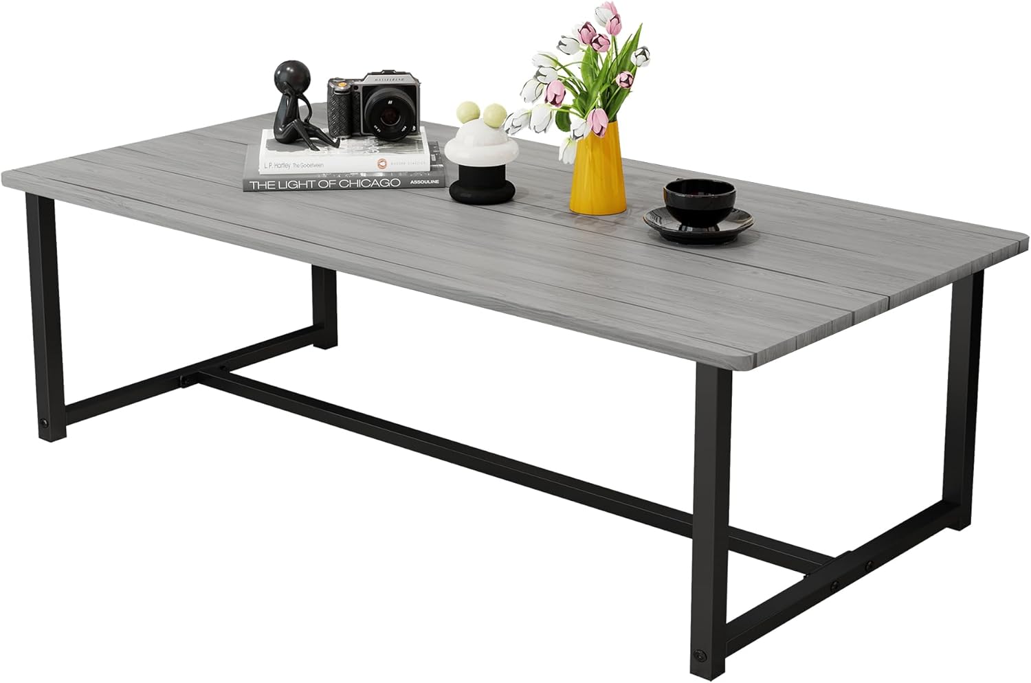 Farmhouse Coffee Table Rectangular Center Table for Living Room Table Wooden Tabletop with Metal Frame,Mid Century Modern Design,Easy Assembly,Wood Coffee Table,Grey