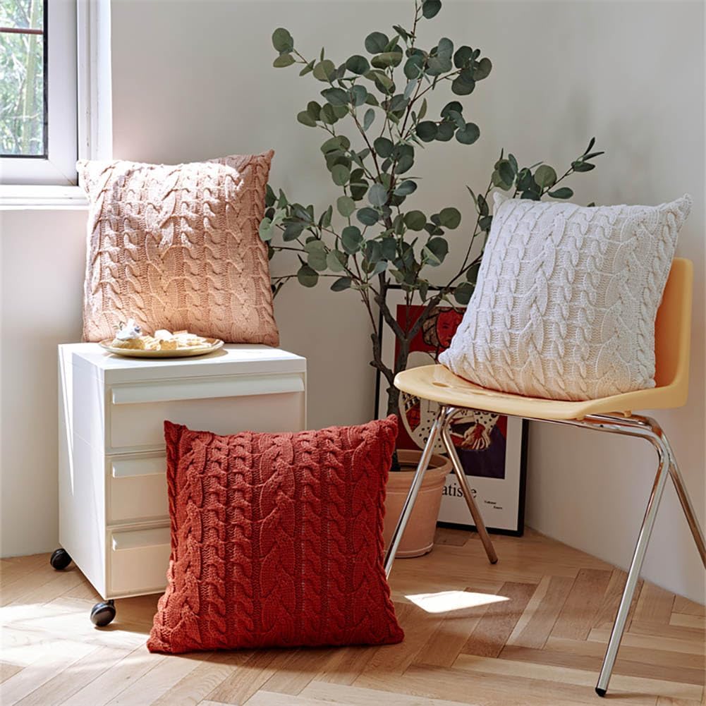 vctops Cable Knit Throw Pillow Cover Farmhouse Doule Side Knitted Decorative Cushion Cover Soft Cozy Sweater Square Accent Pillowcase for Sofa Couch Bed Home Decor (Pink,18"x18")