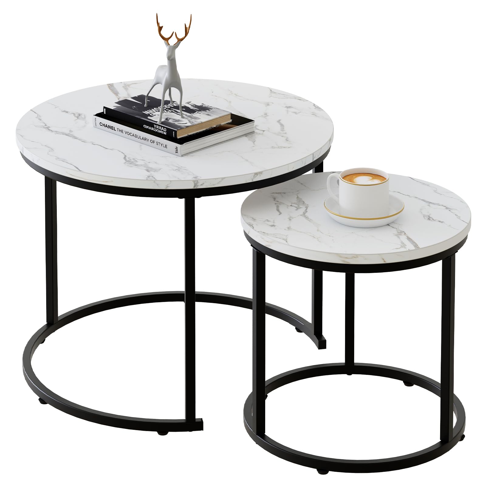 2 Pack Nesting Round Coffee Tables, Rustic Brown Side End Tables with Solid Metal Frame for Living Room Bedroom Apartment Industrial Nightstand