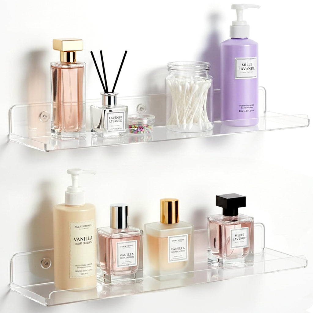 Lifewit Floating Shelves for Bathroom, Acrylic Display Shelf Wall Mounted for Makeup, Skincare, Nail Polish, Book, 14" Perfume Organizer for Bedroom, Living Room, Nursery, Home Decor, Clear, 4 Pack