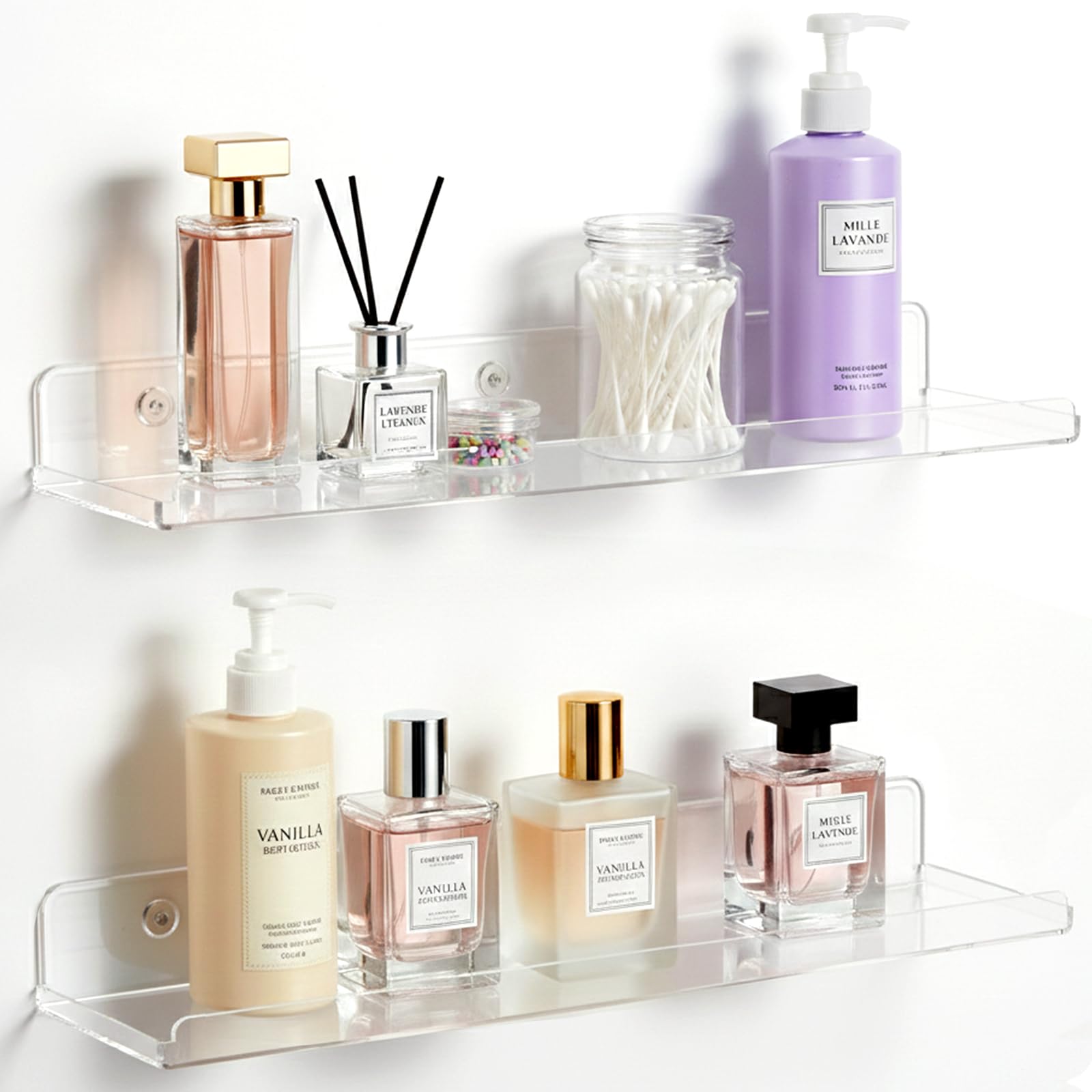 Lifewit Floating Shelves for Bathroom, Acrylic Display Shelf Wall Mounted for Makeup, Skincare, Nail Polish, Book, 14" Perfume Organizer for Bedroom, Living Room, Nursery, Home Decor, Clear, 4 Pack