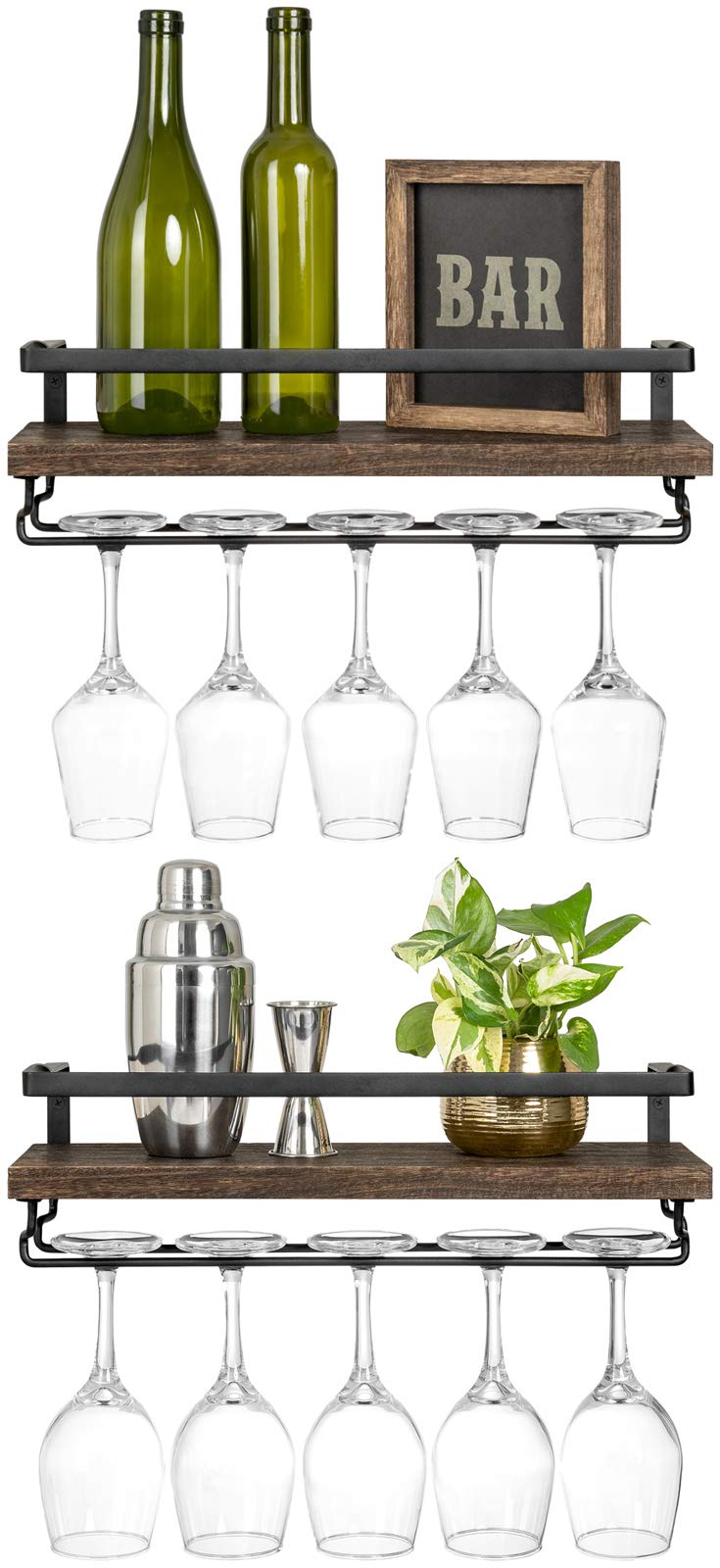 Mkono Wall Mounted Wine Rack Set of 2 Wood Shelf Rustic Wine Bottle Glass Floating Shelves with Stemware Hanger Modern Plants Photos Wine Display Storage Holder for Kitchen Dining Room Bar, Black