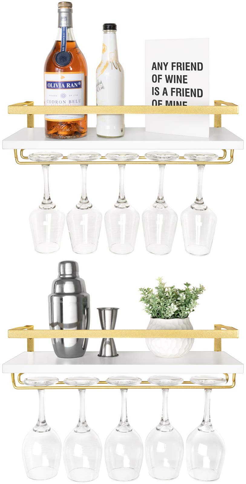 Mkono Wall Mounted Wine Rack Set of 2 Wood Rustic Wine Bottle Glass Floating Shelves with Stemware Hanger Modern Plants Photos Wine Display Storage Holder for Kitchen Dining Room Bar, 17 Inch