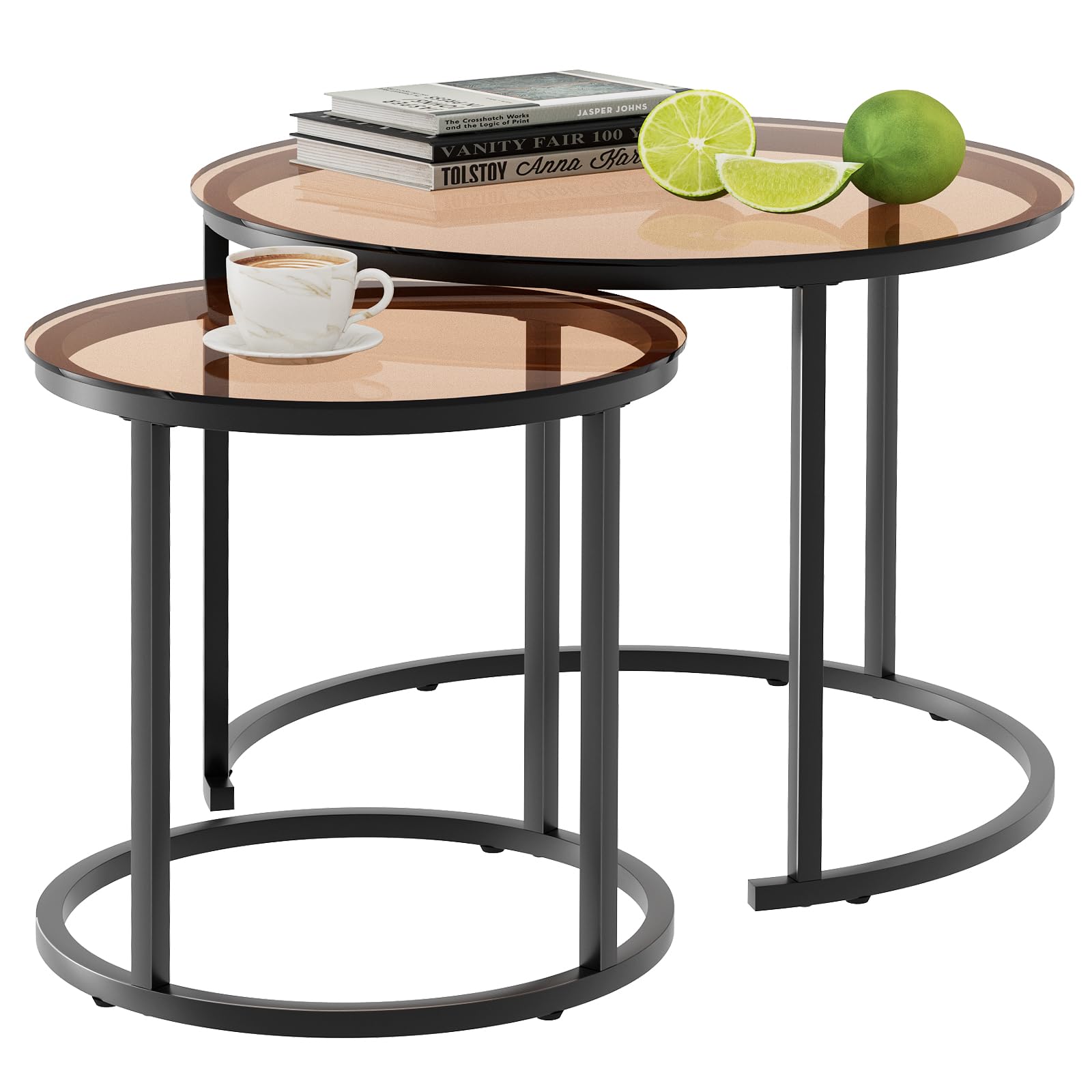 2 Pack Nesting Round Coffee Tables, Rustic Brown Side End Tables with Solid Metal Frame for Living Room Bedroom Apartment Industrial Nightstand