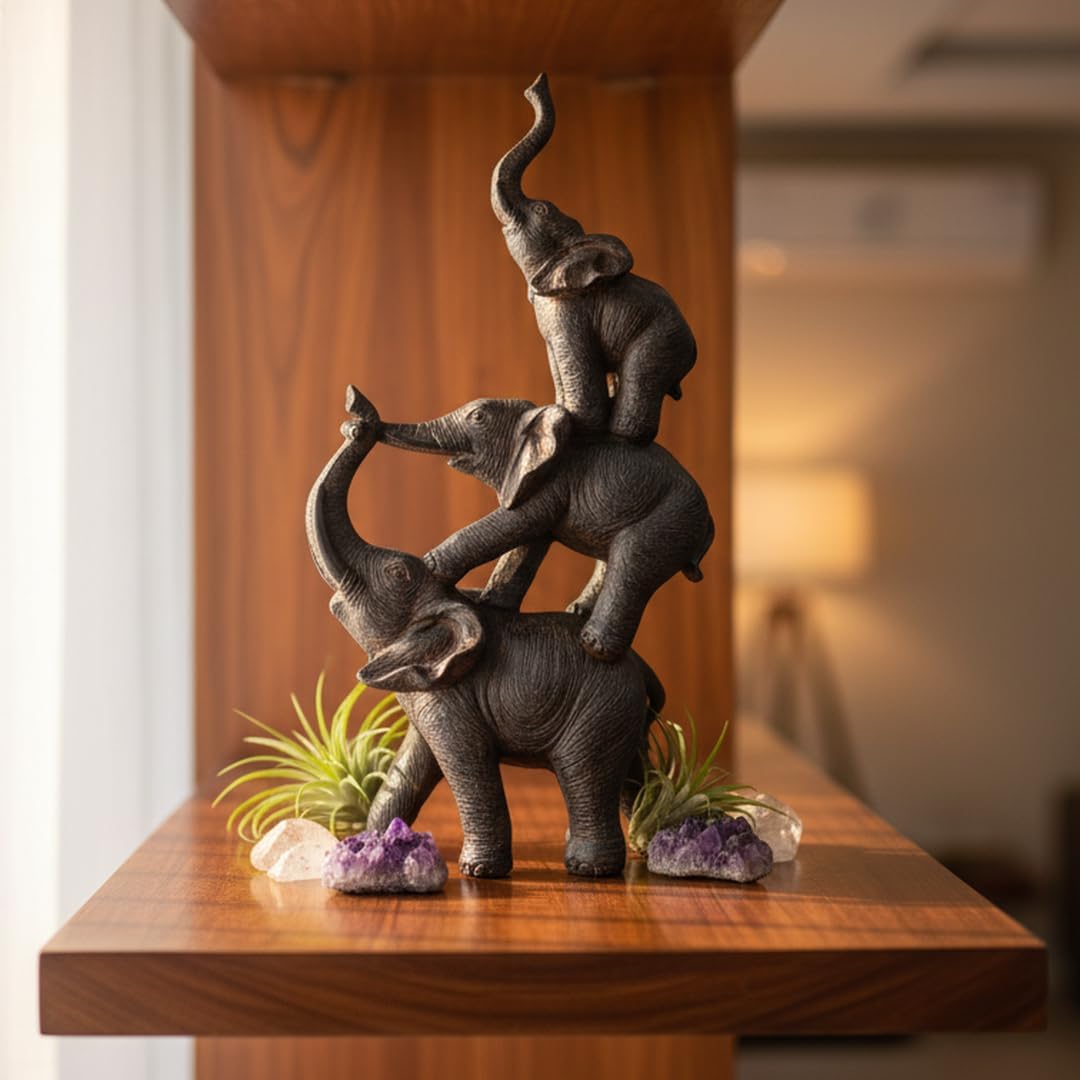 Nature's Mark 3 Stacked Elephants Resin Statue Figurine Home Decorative Accent Décor (11.4" H)