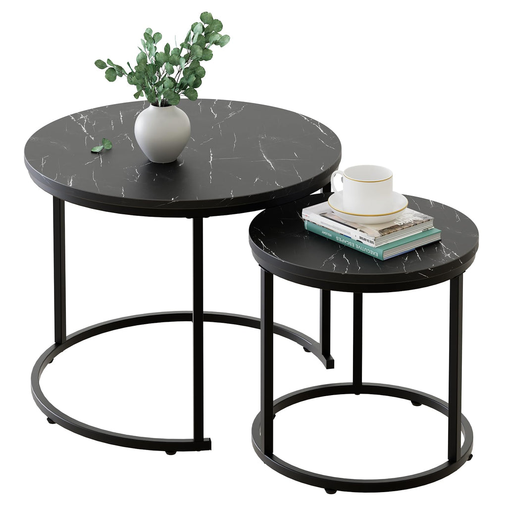 2 Pack Nesting Round Coffee Tables, Rustic Brown Side End Tables with Solid Metal Frame for Living Room Bedroom Apartment Industrial Nightstand