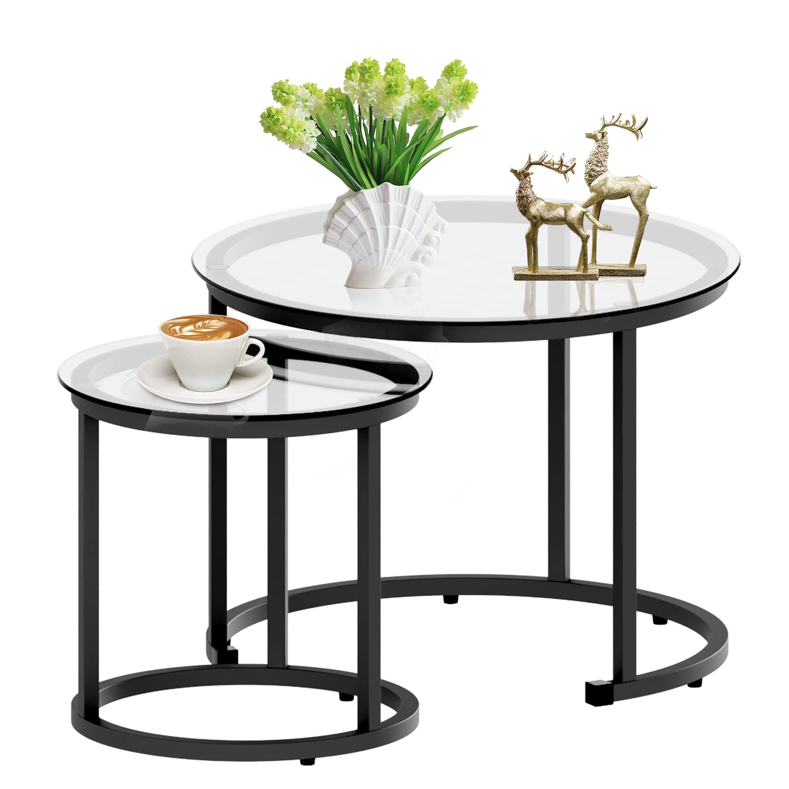 2 Pack Nesting Round Coffee Tables, Rustic Brown Side End Tables with Solid Metal Frame for Living Room Bedroom Apartment Industrial Nightstand
