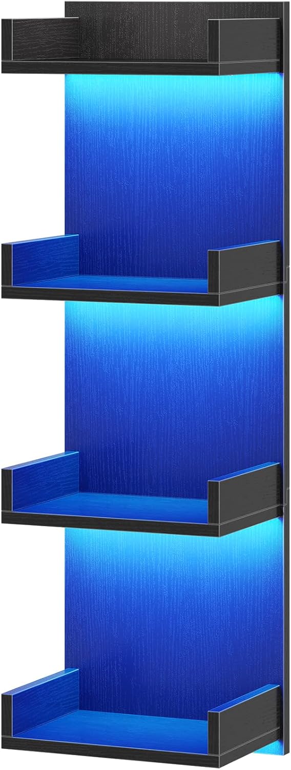 HOOBRO Floating Wall Shelves with LED Lights, Floating Shelf Wall Mounted for Storage, Vertical Display Stand, Modern Column Rack, for Bedroom, Livingroom, 4-Tier, 35.8 Inches, Black, BK41DBJ01