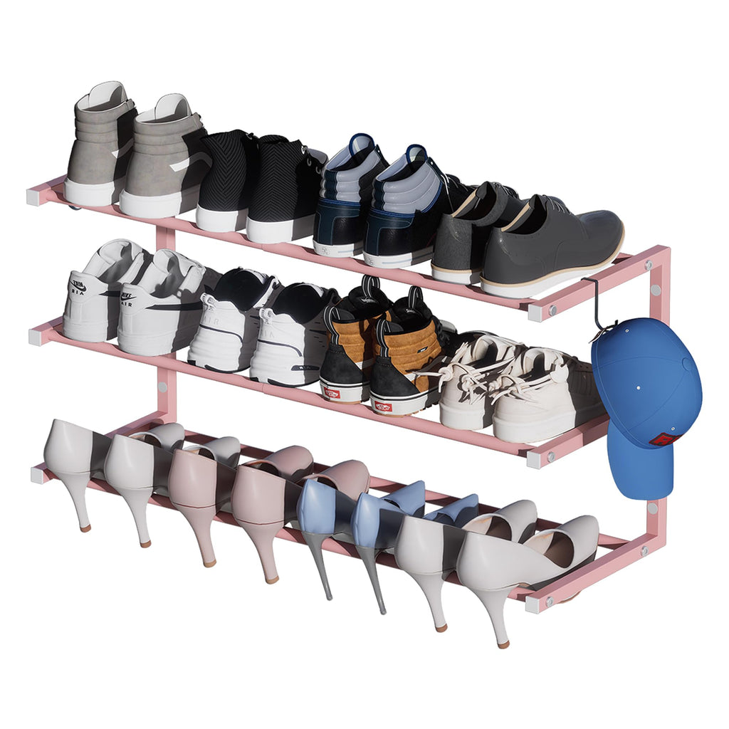2 Pack Wall Mounted Shoe Rack, 3 Tier Hanging Shoe Rack Holds 24 Pairs, 17"-30"Adjustable Heavy Duty Shoe Organizer Holder with 4 Storage Hooks, Space Saving for Closet Entryway, Black, Patent Pending