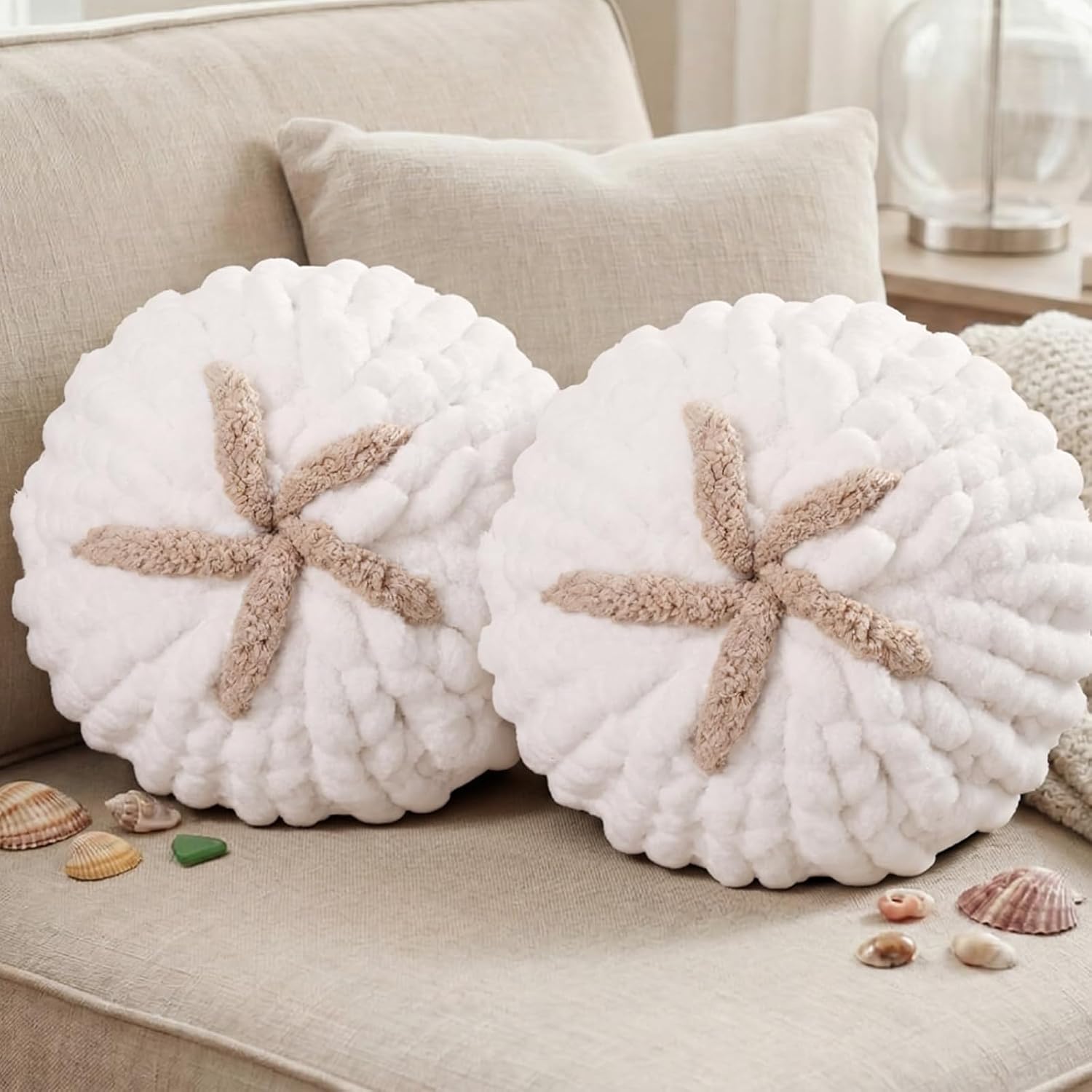 Breling 2 Pack Light Brown Hand Crochet Sand Dollar Knit Throw Pillows, Coastal Nautical Decor Cushions for Couch Beach Nursery