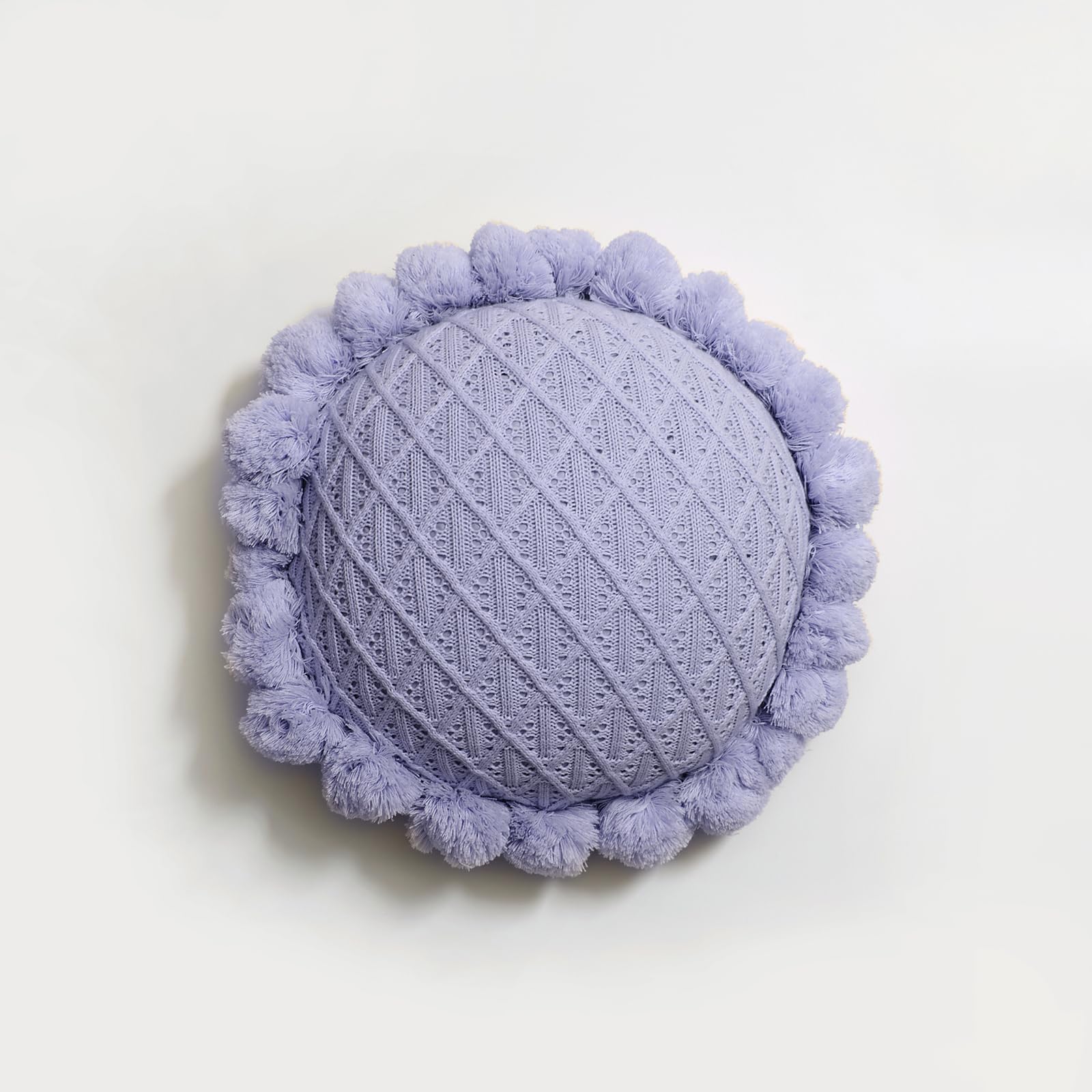 Boho Round Throw Pillow with Cute Handmade Pom Poms Tassels 18 Inch, Decorative Circular Knitted Crochet Cushion for Couch, Sofa, Chair, Bed, Beige