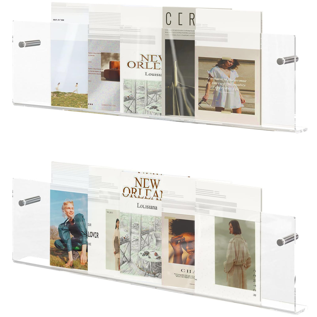 Acrylic Magazine Holder, 2 Pack Hanging Bookshelf Magazine Rack, Wall Mounted Floating Brochure Display for Waiting Room, Office, Home (Clear, 17 Inch)