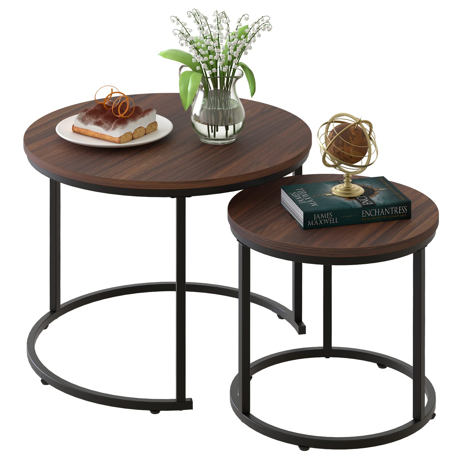 2 Pack Nesting Round Coffee Tables, Rustic Brown Side End Tables with Solid Metal Frame for Living Room Bedroom Apartment Industrial Nightstand