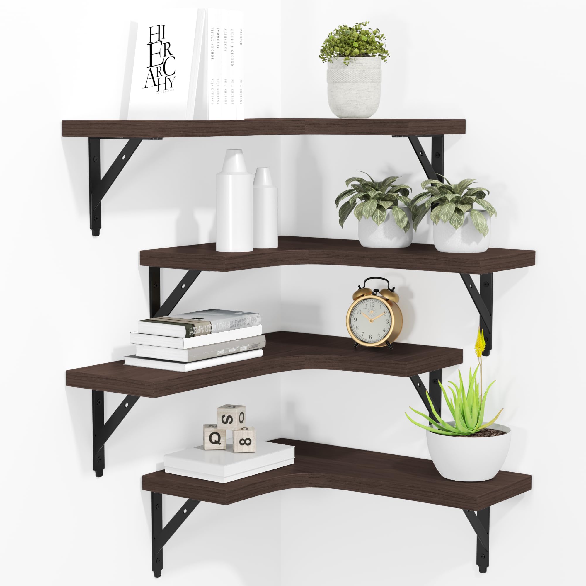 ROMGUAR CRAFT Corner Floating Shelves Wall Mounted Set of 4, Rustic Wood Storage Display Shelves for Home Decor, Bathroom, Kitchen, Bedroom, Living Room, Office (Black)