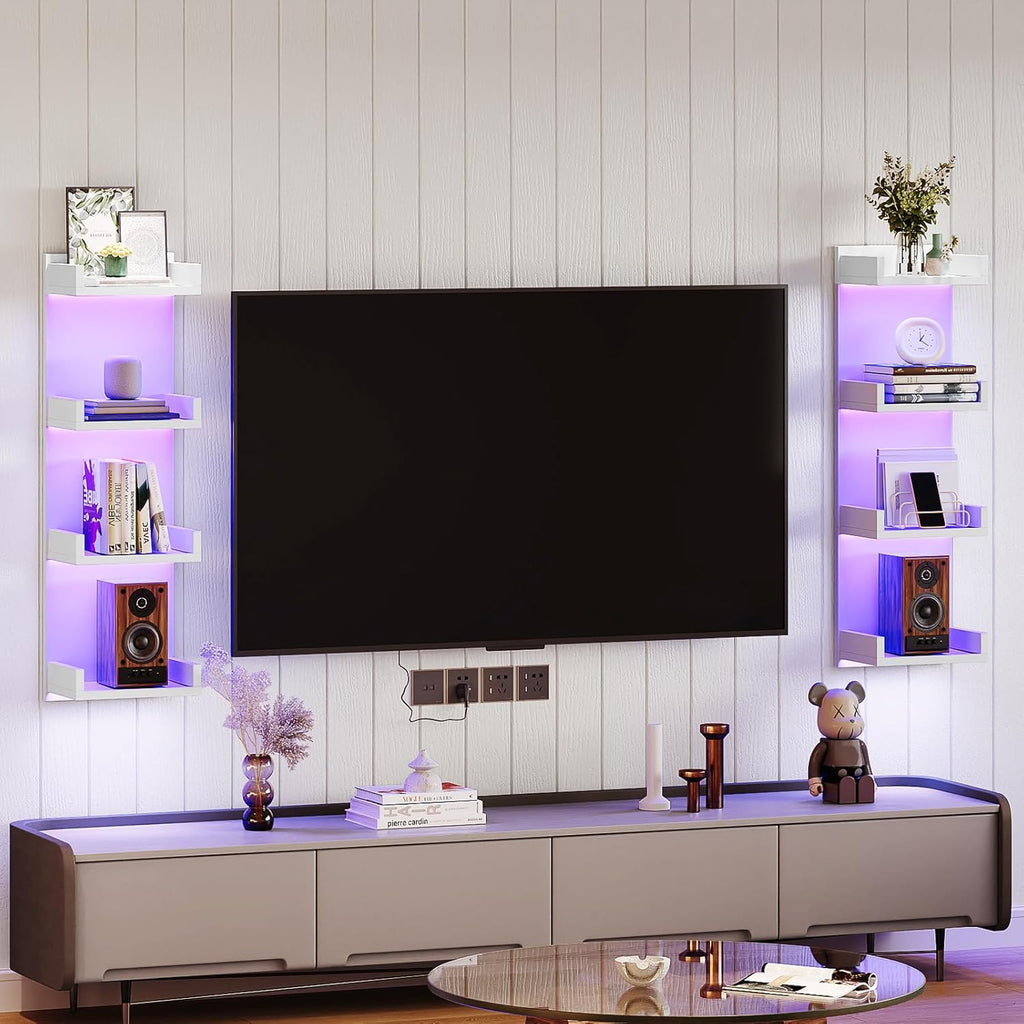 HOOBRO Floating Wall Shelves with LED Lights, Floating Shelf Wall Mounted for Storage, Vertical Display Stand, Modern Column Rack, for Bedroom, Livingroom, 4-Tier, 35.8 Inches, White, WT41DBJ01