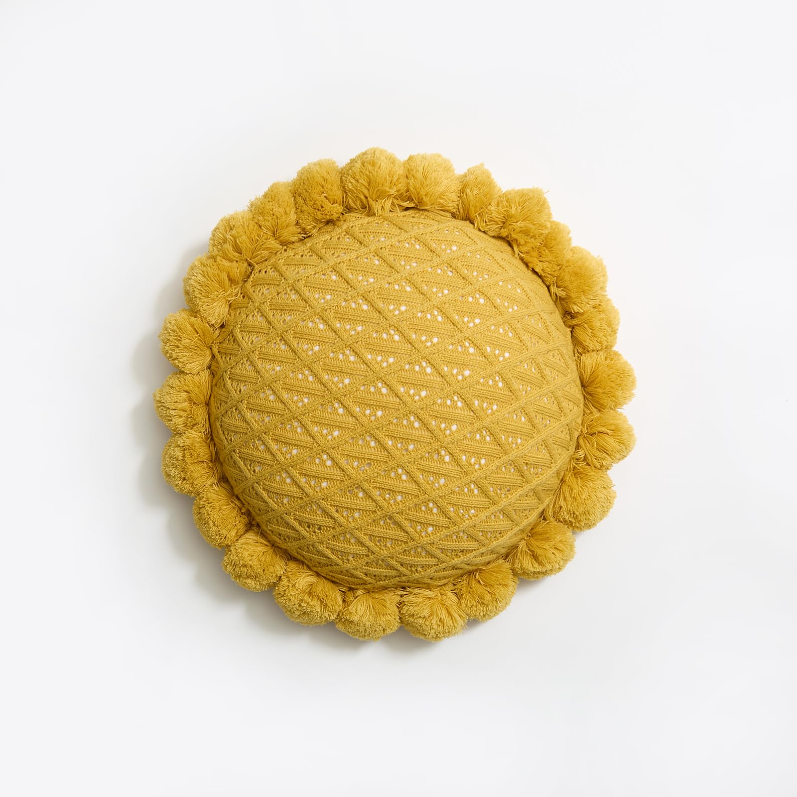 Boho Round Throw Pillow with Cute Handmade Pom Poms Tassels 18 Inch, Decorative Circular Knitted Crochet Cushion for Couch, Sofa, Chair, Bed, Beige