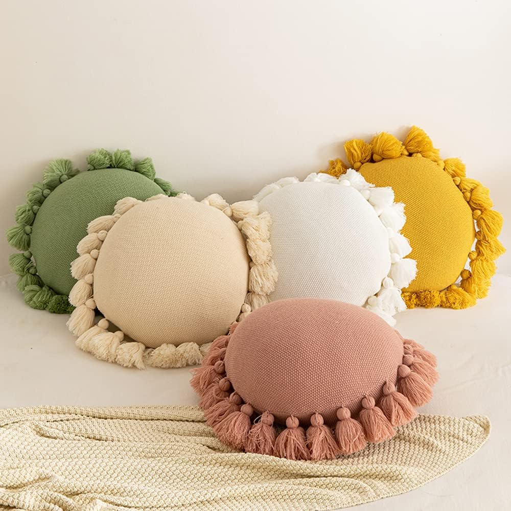 ATMOSURELY Boho Round Knitted Throw Pillow Sage Green Accent Pillow with Tassel Knit Woven Cushion Pillow Home Decor for Bed Sofa Living Room 18 Inches (Sage Green)