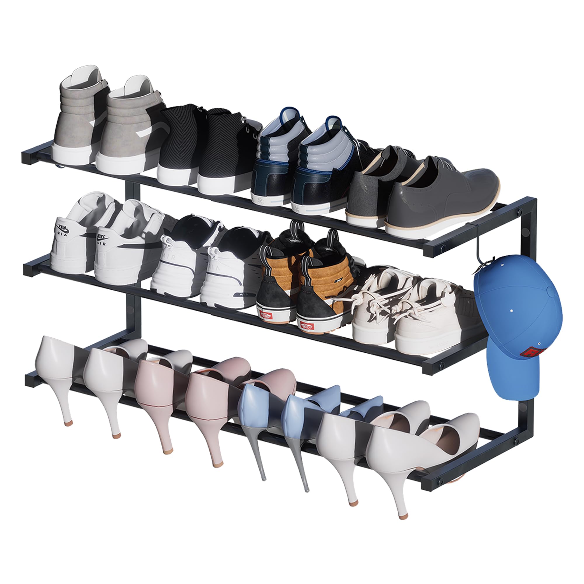 2 Pack Wall Mounted Shoe Rack, 3 Tier Hanging Shoe Rack Holds 24 Pairs, 17"-30"Adjustable Heavy Duty Shoe Organizer Holder with 4 Storage Hooks, Space Saving for Closet Entryway, Black, Patent Pending