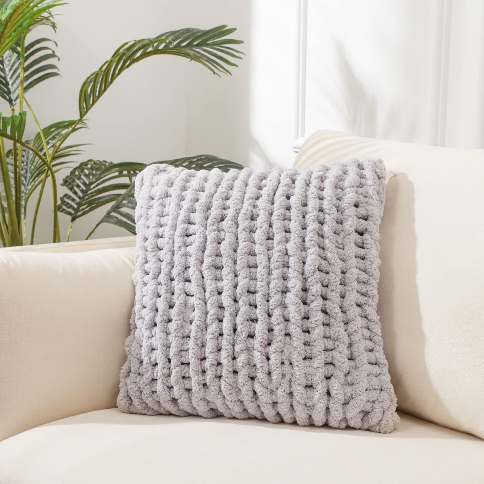 Cream White Chunky Knit Throw Pillow Covers 1PC 18"×18" Square Luxury Style Crochet Pillow Case Fur Pillowcases Decorative Pillow Shell for Sofa Bedroom Cushion