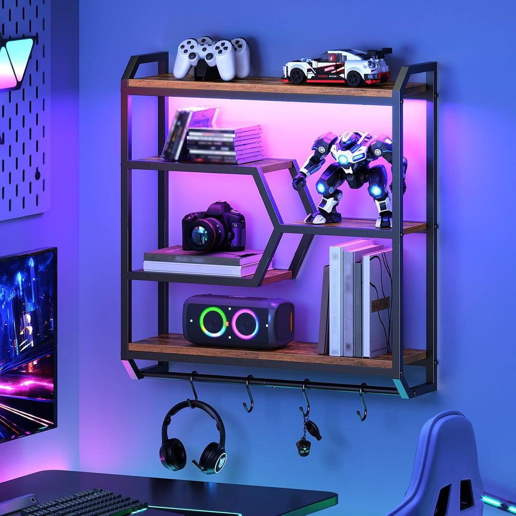 HOOBRO 27.5" Floating Shelf with LED Lights, Gaming LED Wall Mounted Shelf with Hanging Rod & 4 S-Hooks, 4-Tier Hanging Display Rack, for Living Room, Gaming Room, Rustic Brown and Black BF71DBJ01
