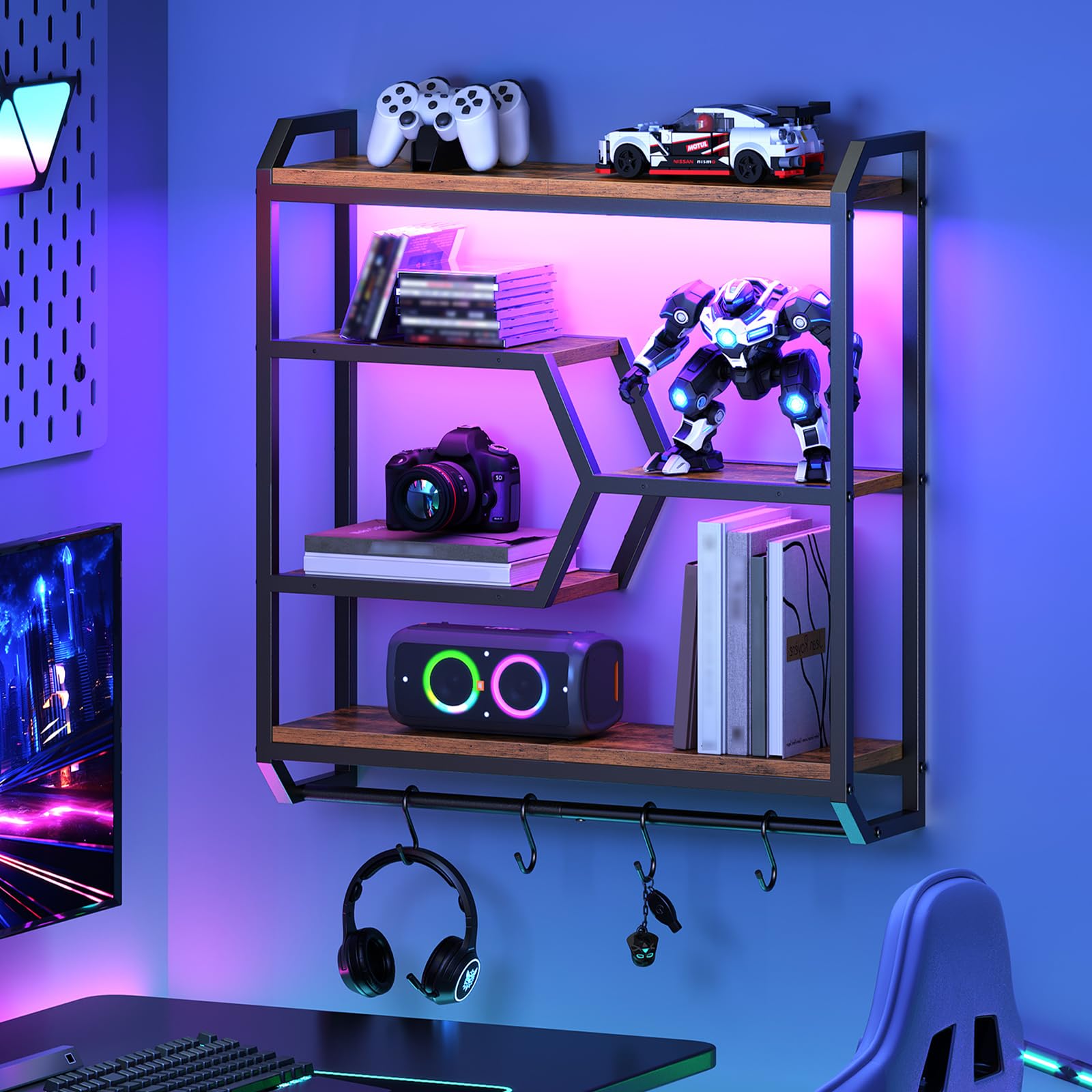 HOOBRO 27.5" Floating Shelf with LED Lights, Gaming LED Wall Mounted Shelf with Hanging Rod & 4 S-Hooks, 4-Tier Hanging Display Rack, for Living Room, Gaming Room, Rustic Brown and Black BF71DBJ01