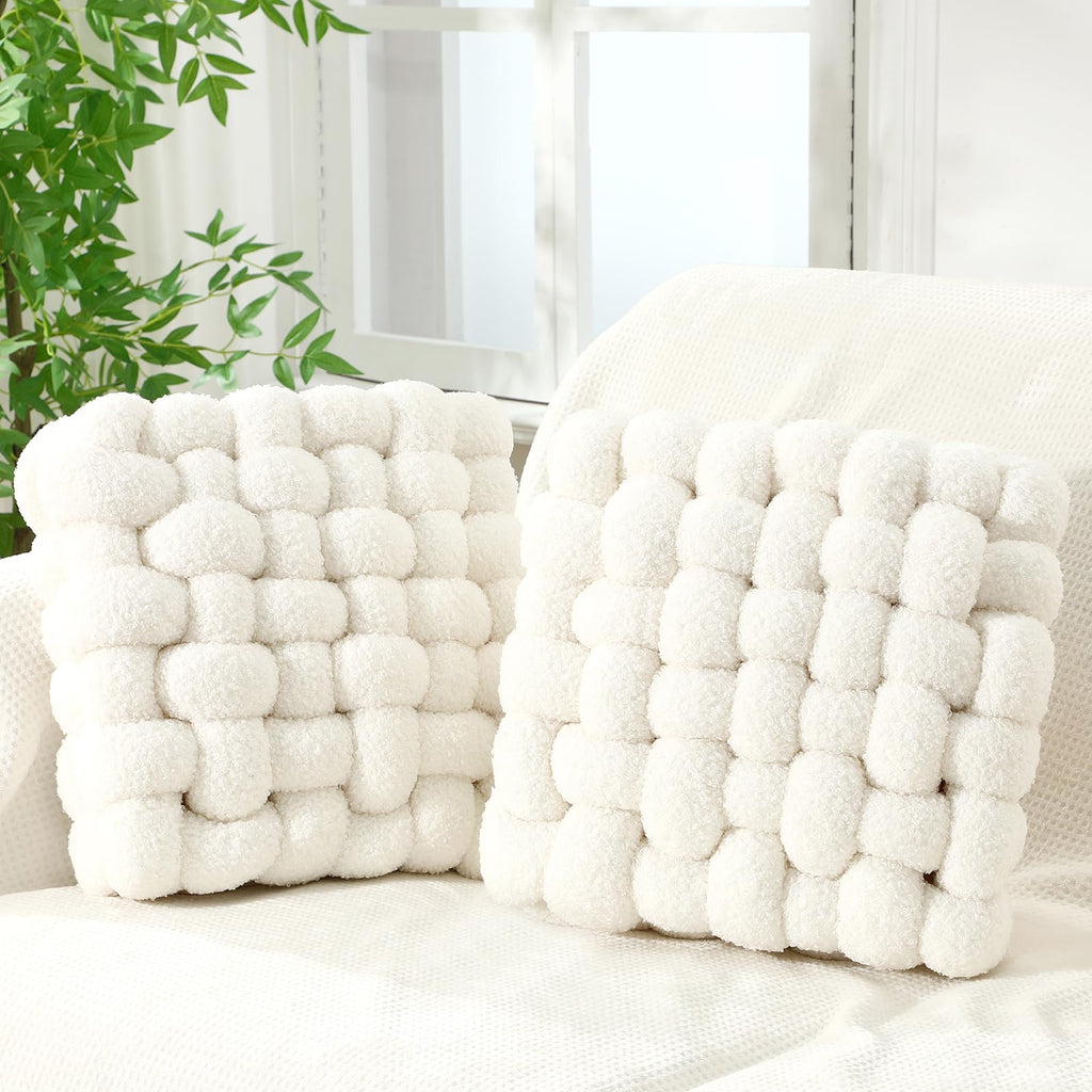 Wenqik 2 Pcs Knot Pillows Square Knotted Plush Throws Soft Accent Pillows Decoration Cushion for Couch Home Office Living Room Bedroom Bed Sofa Decor, 12'' x 13''(Ivory,Crystal Velvet)