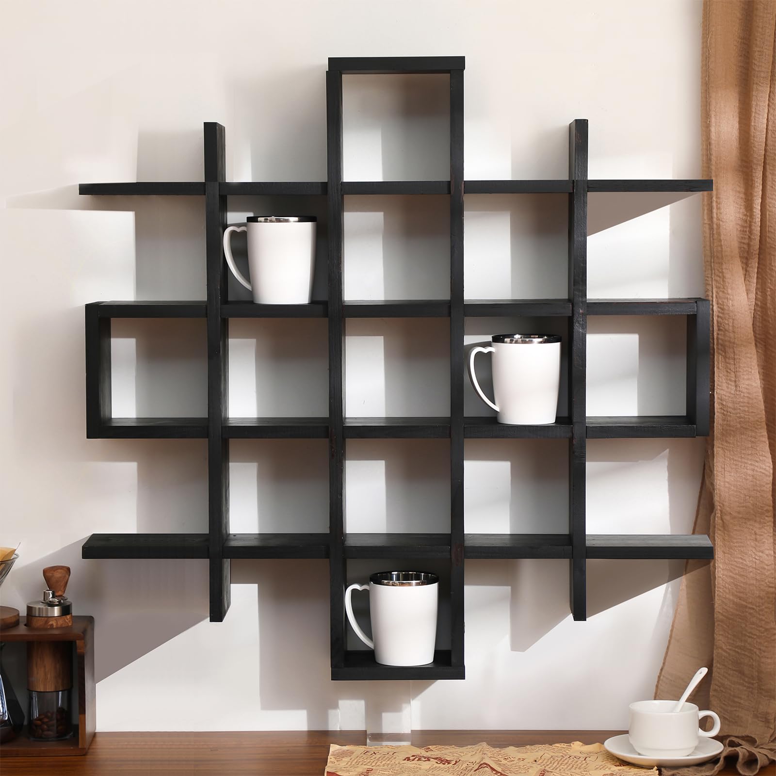 Suzile Oversize Coffee Mug Display Rack Wooden Display Shelves Rustic Wooden Floating Curio Shelf Travel Wall Mounted Coffee Mug Rack Holder Shadow Box Shelf(5.1x5.1x3in,Black)