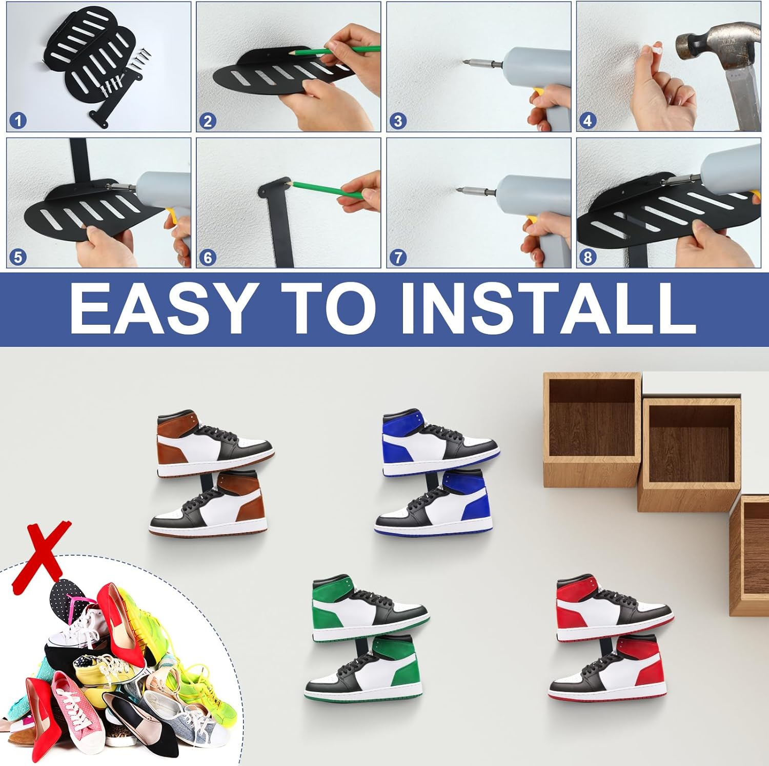 Blulu 4 Sets Floating Shoe Display Shelves for Wall Large Metal Hanging Shoe Organizers Wall Shelf Sneaker Holders Rack for Collectors Exhibition Display Store Show Bedroom Gaming Room Sneaker
