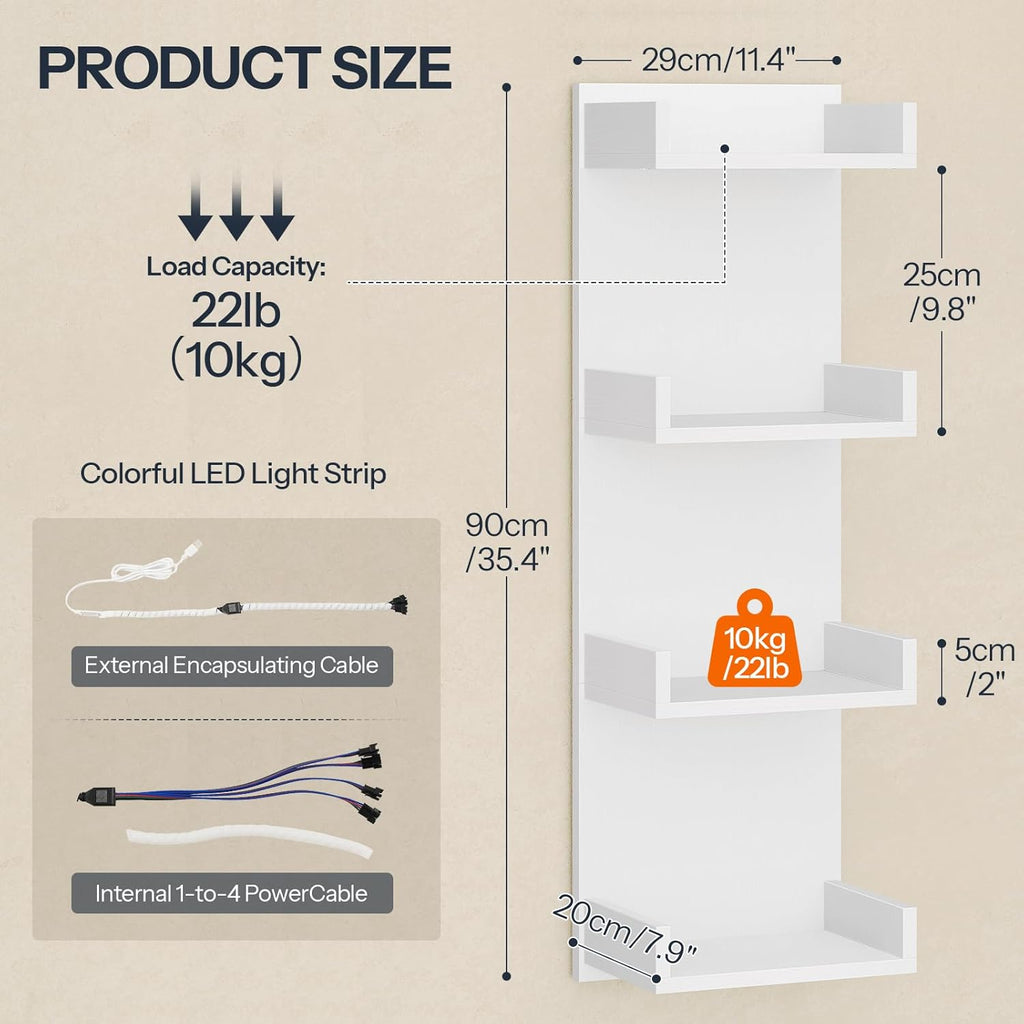HOOBRO Floating Wall Shelves with LED Lights, Floating Shelf Wall Mounted for Storage, Vertical Display Stand, Modern Column Rack, for Bedroom, Livingroom, 4-Tier, 35.8 Inches, White, WT41DBJ01