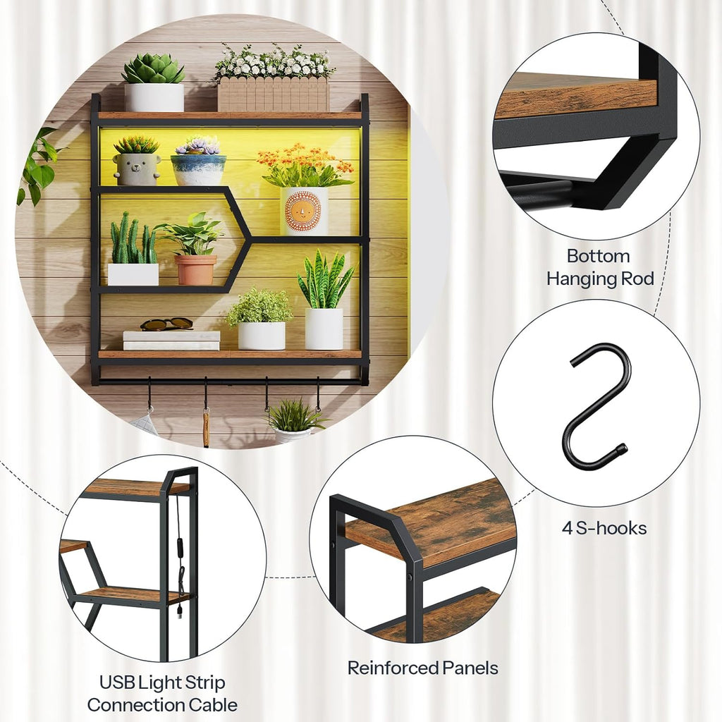 HOOBRO 27.5" Floating Shelf with LED Lights, Gaming LED Wall Mounted Shelf with Hanging Rod & 4 S-Hooks, 4-Tier Hanging Display Rack, for Living Room, Gaming Room, Rustic Brown and Black BF71DBJ01