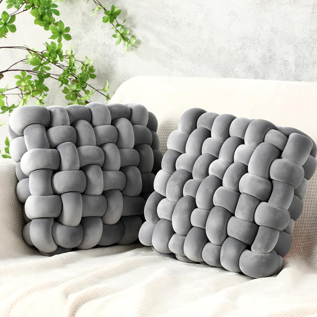 Wenqik 2 Pcs Knot Pillows Square Knotted Plush Throws Soft Accent Pillows Decoration Cushion for Couch Home Office Living Room Bedroom Bed Sofa Decor, 12'' x 13''(Ivory,Crystal Velvet)
