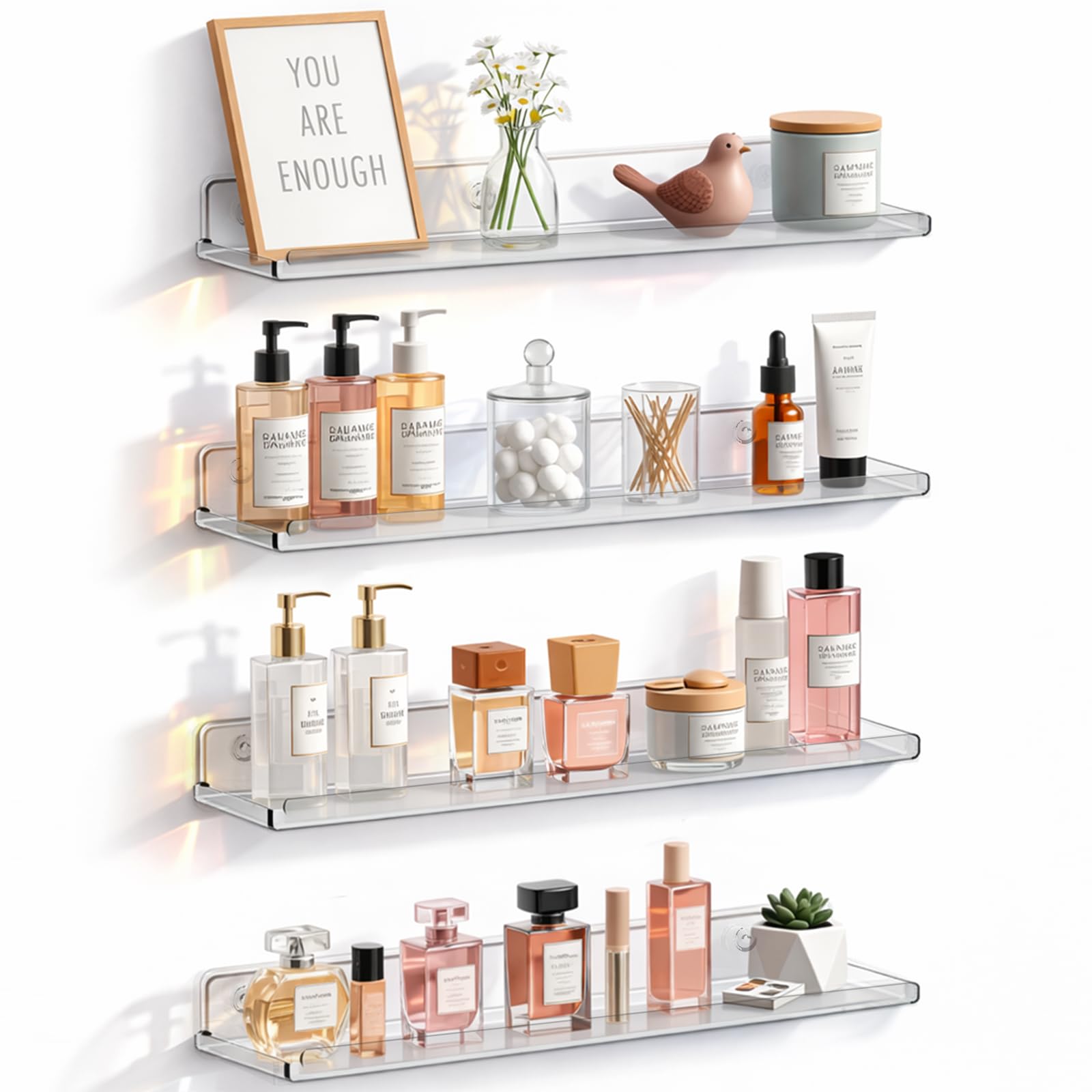 Lifewit Floating Shelves for Bathroom, Acrylic Display Shelf Wall Mounted for Makeup, Skincare, Nail Polish, Book, 14" Perfume Organizer for Bedroom, Living Room, Nursery, Home Decor, Clear, 4 Pack