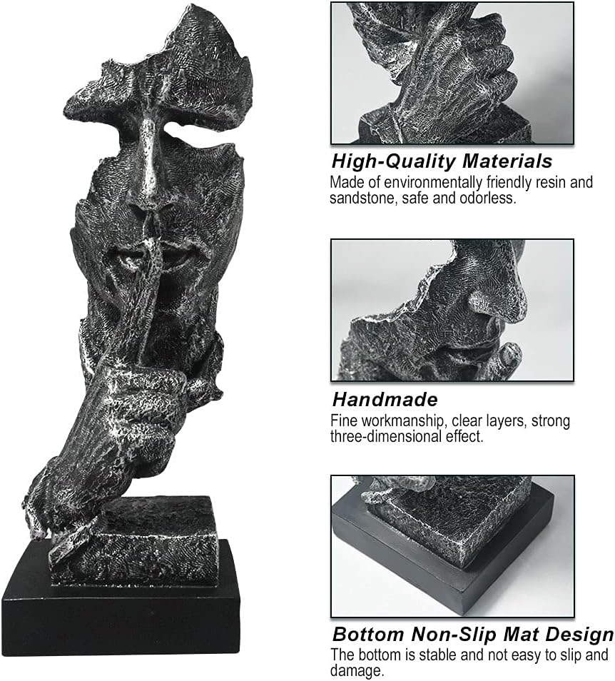 fazhongfa Thinker Statue - Silence is Gold Modern Decor Creative Abstract Art Figurine Resin Sculptures Decoration Room Home Study Office Figurines for Desktop Shelf Table Ornament (Silver)