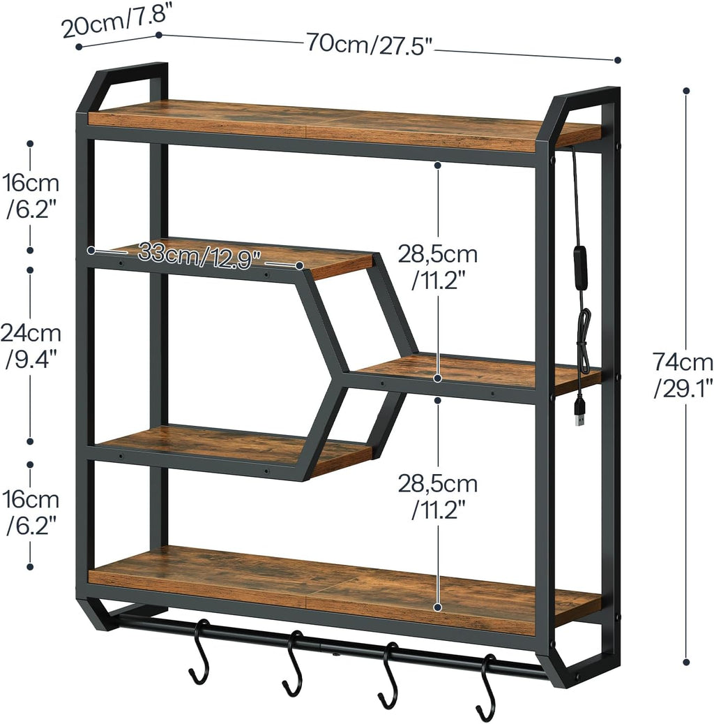 HOOBRO 27.5" Floating Shelf with LED Lights, Gaming LED Wall Mounted Shelf with Hanging Rod & 4 S-Hooks, 4-Tier Hanging Display Rack, for Living Room, Gaming Room, Rustic Brown and Black BF71DBJ01