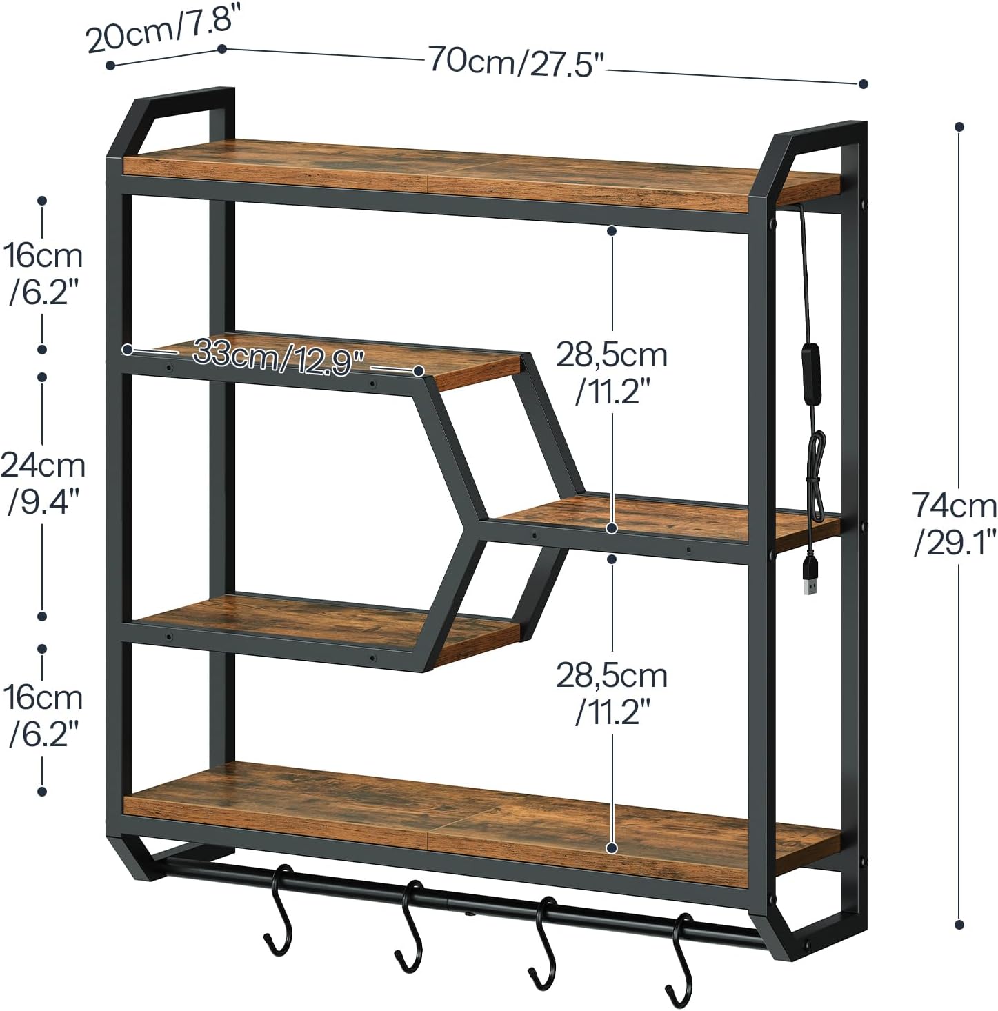 HOOBRO 27.5" Floating Shelf with LED Lights, Gaming LED Wall Mounted Shelf with Hanging Rod & 4 S-Hooks, 4-Tier Hanging Display Rack, for Living Room, Gaming Room, Rustic Brown and Black BF71DBJ01