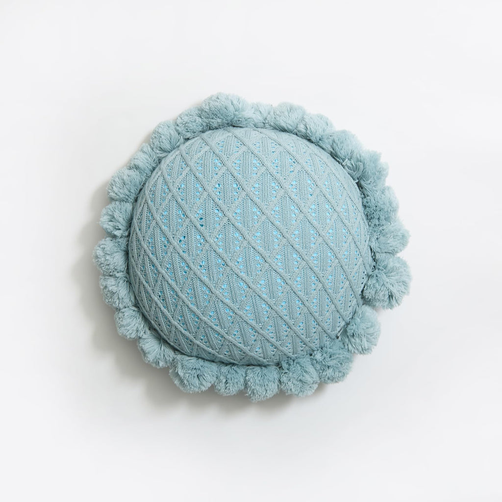 Boho Round Throw Pillow with Cute Handmade Pom Poms Tassels 18 Inch, Decorative Circular Knitted Crochet Cushion for Couch, Sofa, Chair, Bed, Beige