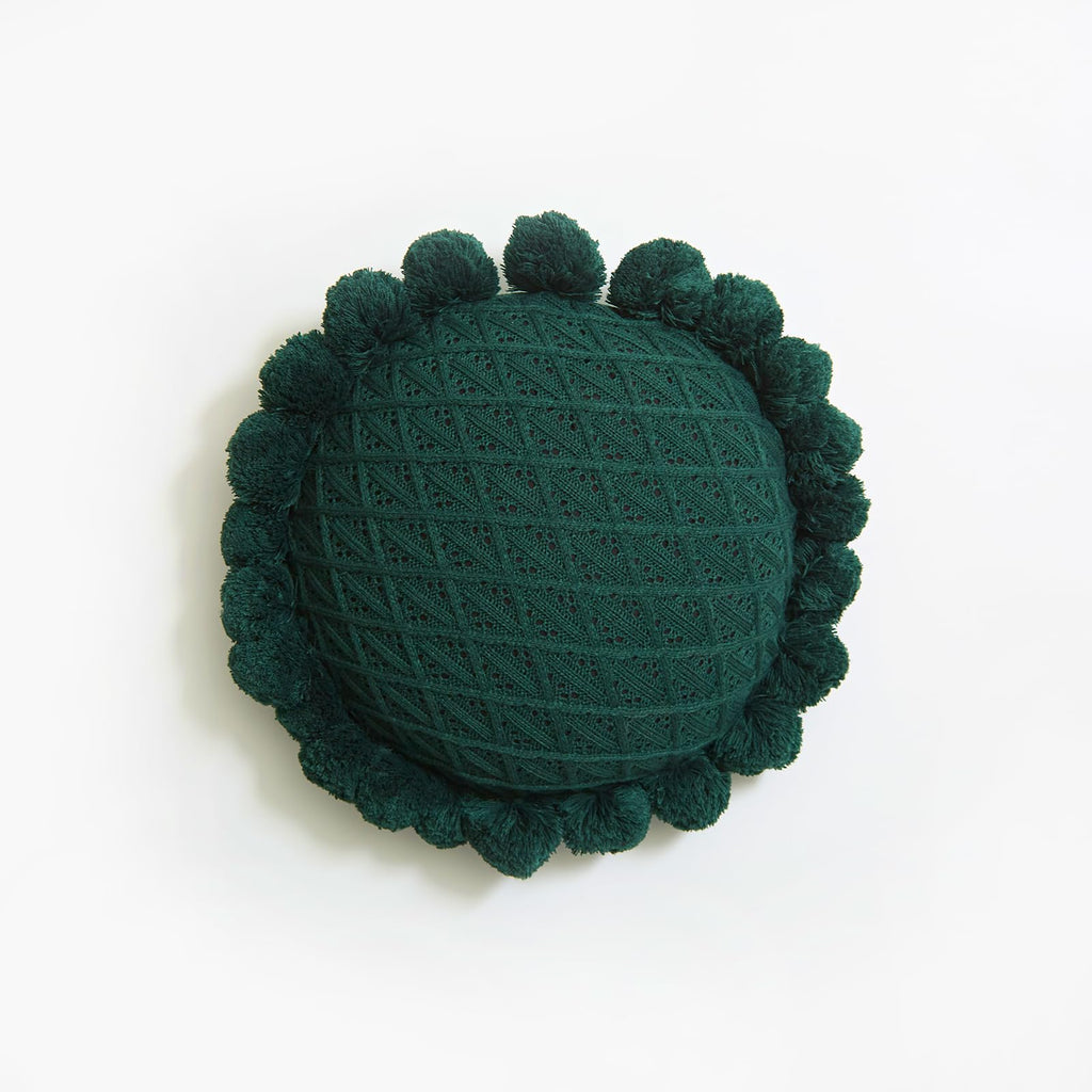 Boho Round Throw Pillow with Cute Handmade Pom Poms Tassels 18 Inch, Decorative Circular Knitted Crochet Cushion for Couch, Sofa, Chair, Bed, Beige