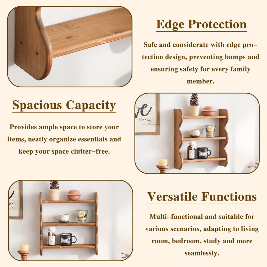 3 Tier 100% Solid Wood Floating Wall Shelves, Rustic Farmhouse Wall Mount Storage Display Rack for Living Room Bedroom Apartment