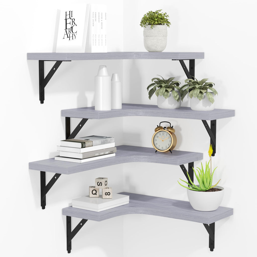 ROMGUAR CRAFT Corner Floating Shelves Wall Mounted Set of 4, Rustic Wood Storage Display Shelves for Home Decor, Bathroom, Kitchen, Bedroom, Living Room, Office (Black)