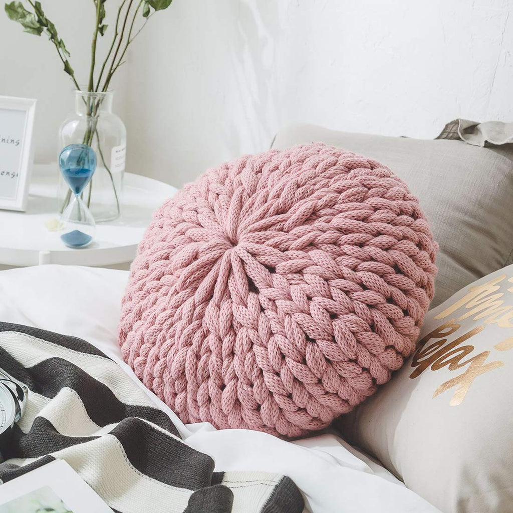 vctops Chunky Knit Round Shaped Throw Pillows with Insert Super Soft Cozy Decorative Handmade Cushions (White, Diameter 16")