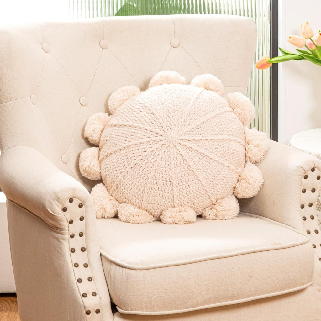Knitted Round Throw Pillow Handmade Couch Pillow Decorative Pillow with Pom Pom (Beige, 18inch)