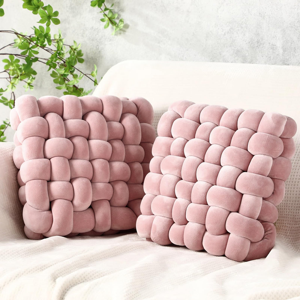 Wenqik 2 Pcs Knot Pillows Square Knotted Plush Throws Soft Accent Pillows Decoration Cushion for Couch Home Office Living Room Bedroom Bed Sofa Decor, 12'' x 13''(Ivory,Crystal Velvet)
