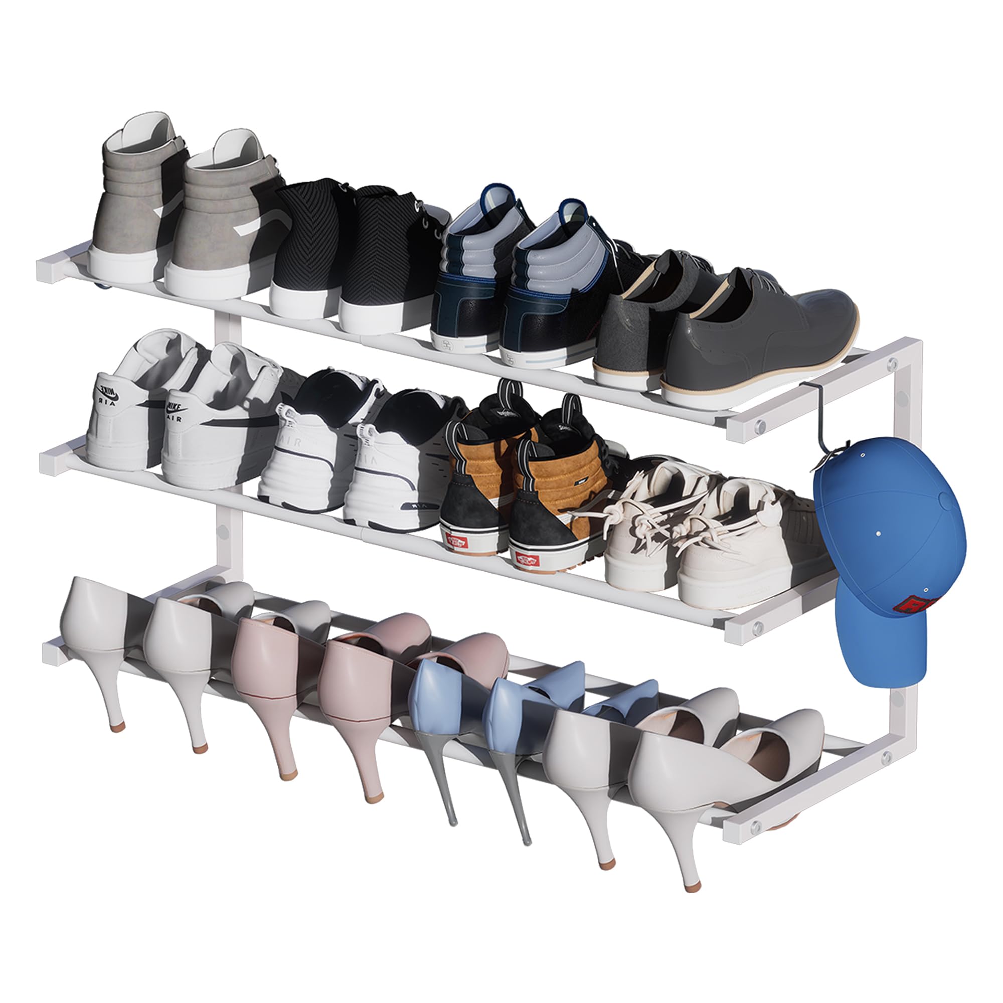 2 Pack Wall Mounted Shoe Rack, 3 Tier Hanging Shoe Rack Holds 24 Pairs, 17"-30"Adjustable Heavy Duty Shoe Organizer Holder with 4 Storage Hooks, Space Saving for Closet Entryway, Black, Patent Pending