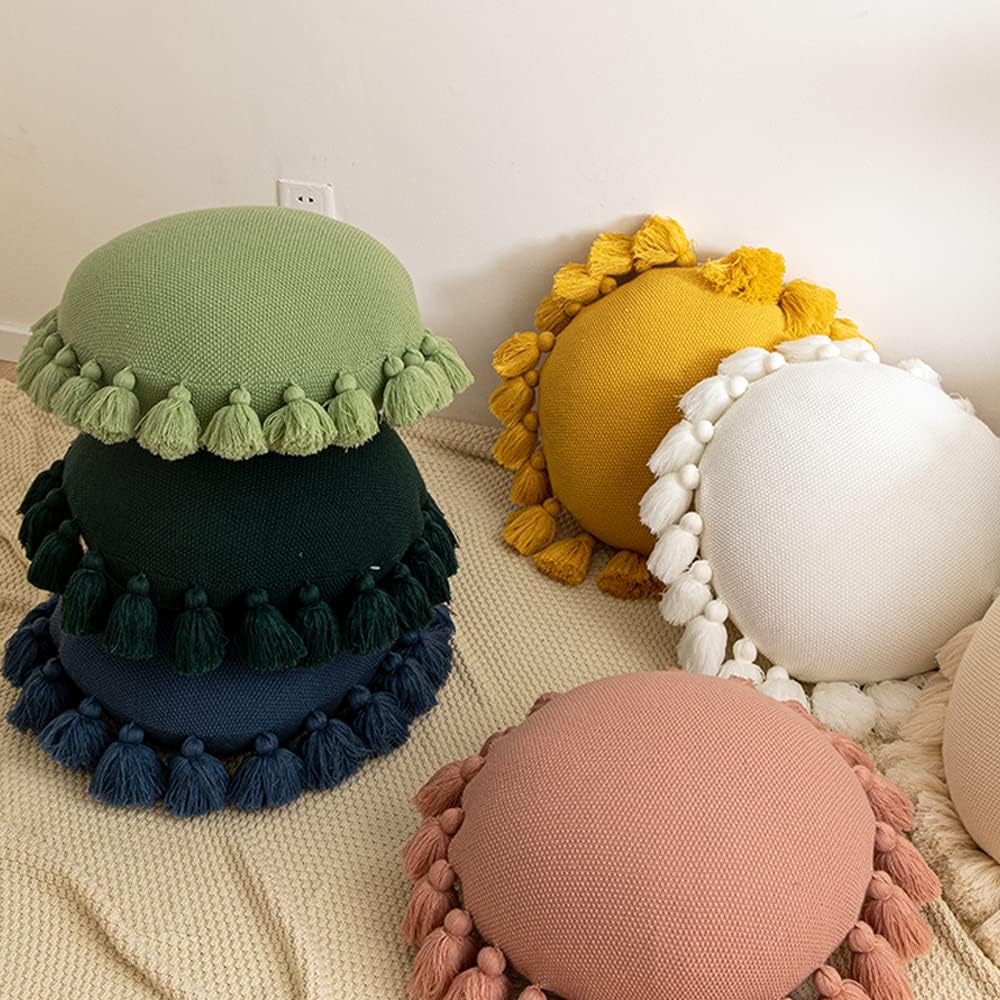 ATMOSURELY Boho Round Knitted Throw Pillow Sage Green Accent Pillow with Tassel Knit Woven Cushion Pillow Home Decor for Bed Sofa Living Room 18 Inches (Sage Green)