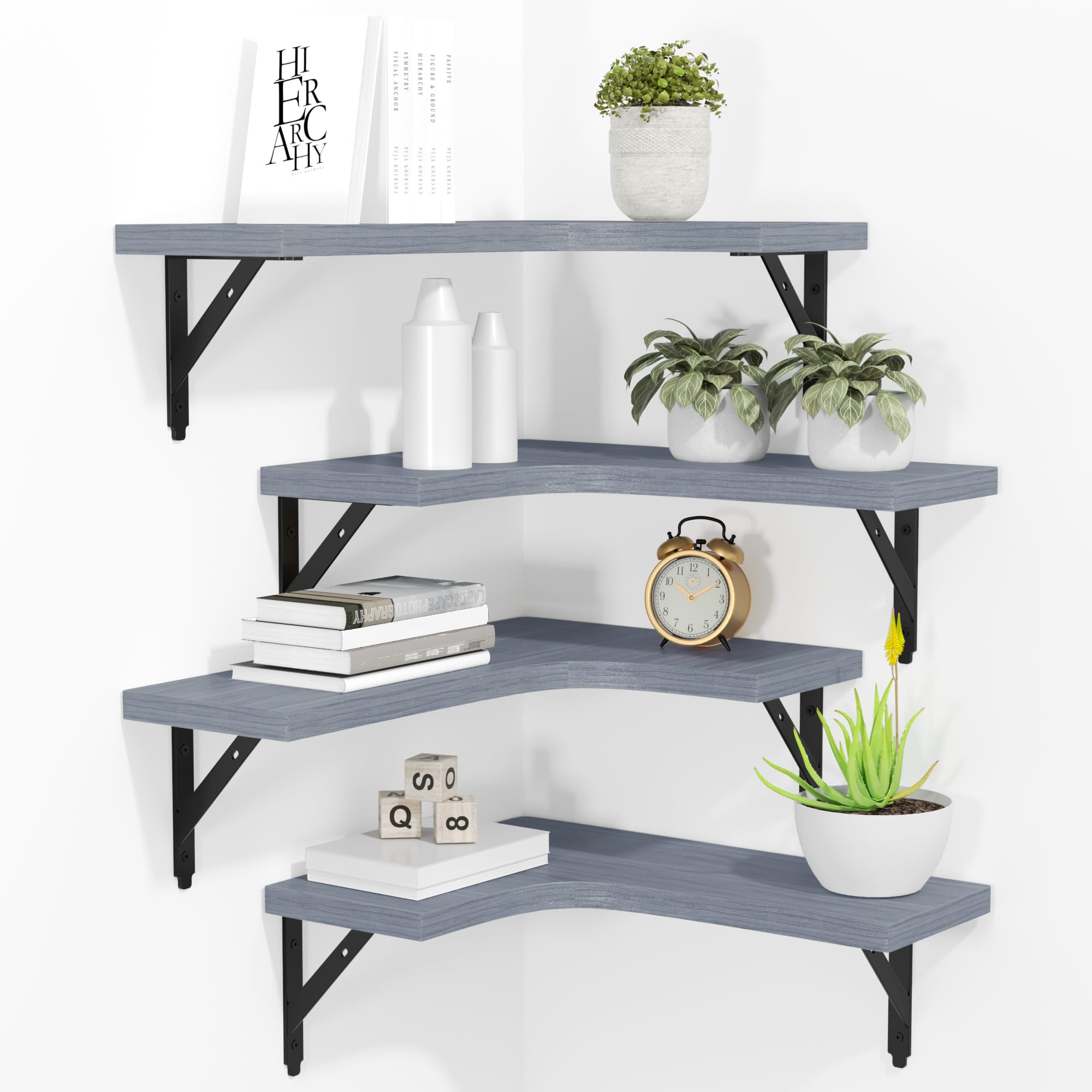 ROMGUAR CRAFT Corner Floating Shelves Wall Mounted Set of 4, Rustic Wood Storage Display Shelves for Home Decor, Bathroom, Kitchen, Bedroom, Living Room, Office (Black)
