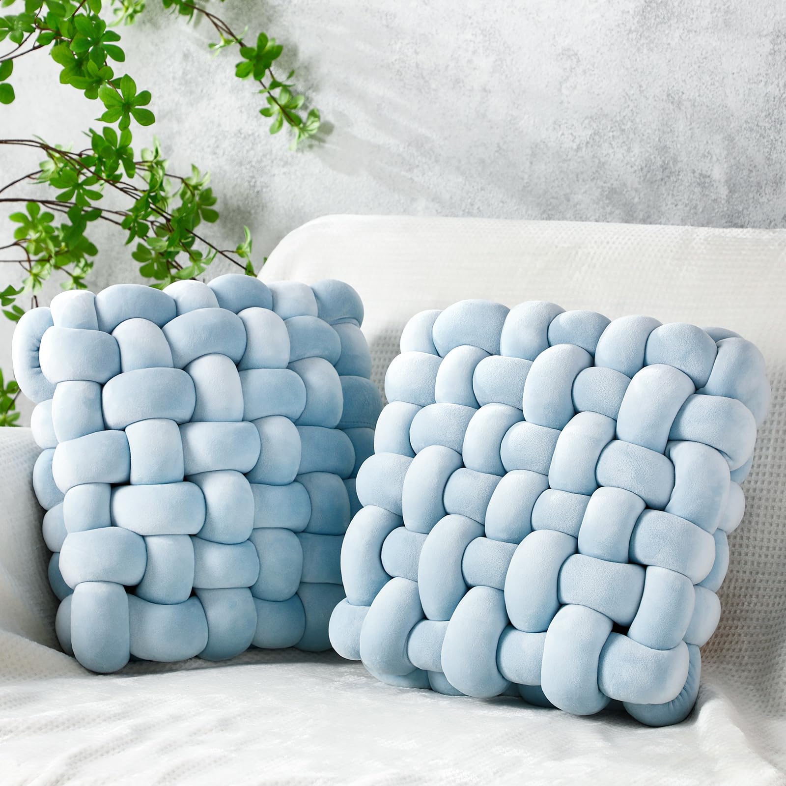 Wenqik 2 Pcs Knot Pillows Square Knotted Plush Throws Soft Accent Pillows Decoration Cushion for Couch Home Office Living Room Bedroom Bed Sofa Decor, 12'' x 13''(Ivory,Crystal Velvet)
