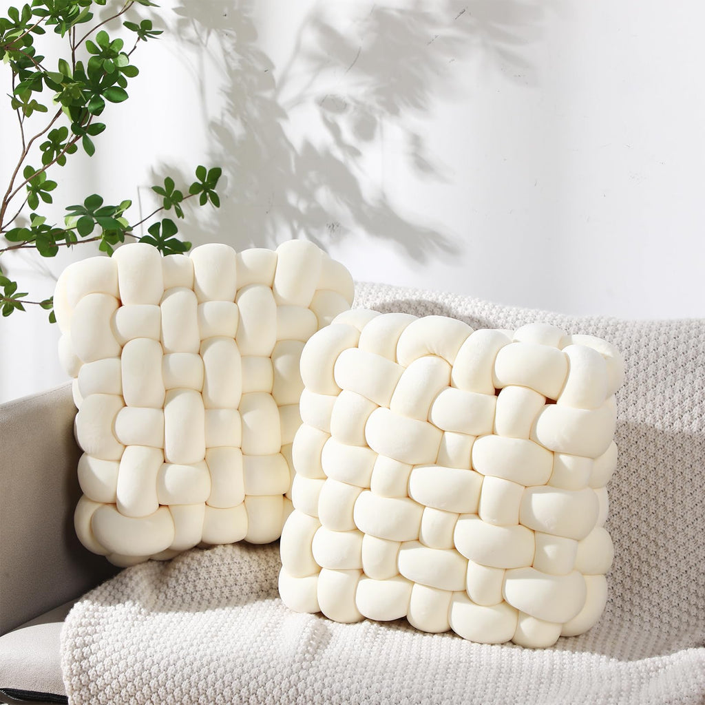 Wenqik 2 Pcs Knot Pillows Square Knotted Plush Throws Soft Accent Pillows Decoration Cushion for Couch Home Office Living Room Bedroom Bed Sofa Decor, 12'' x 13''(Ivory,Crystal Velvet)